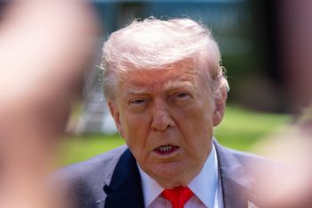 President Donald Trump speaks with reporters before departing on Marine One from the South Lawn of the White House, Friday, May 1, 2026, in Washington