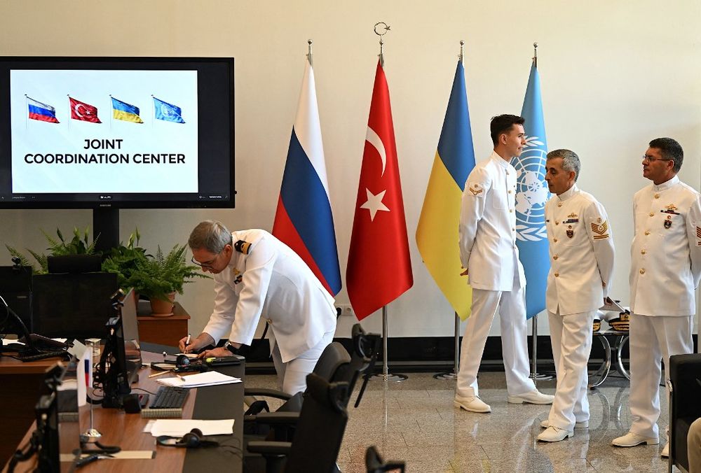 A Turkish military delegation attends the opening of the Joint Coordination Center for Ukrainian grain exports in Istanbul, Turkey, on July 27, 2022.