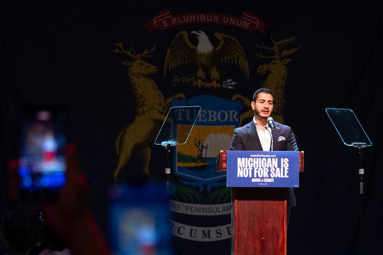 Abdul El-Sayed, a progressive candidate in the Democratic primary for U.S. Senate in Michigan, speaks at his election night party, Wednesday, Aug. 5, 2026, at the Majestic Theatre in Detroit