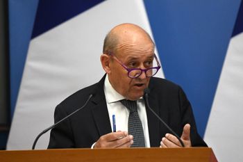 French European and Foreign Affairs Minister Jean-Yves Le Drian addresses a press conference in Budapest on September 10, 2021,