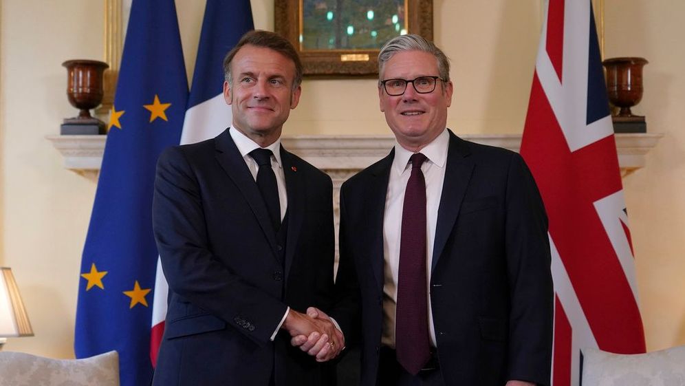 UK's Prime Minister Keir Starmer (right) meeting with French President Emmanuel Macron at 10 Downing Street in London