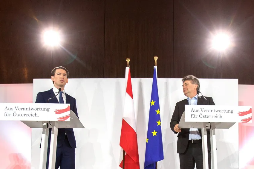 Head of the Austria People's Party (OevP) Sebastian Kurz (L) and Head of the Austrian Green Party Werner Kogler address a press conference to present the newly-formed coalition government's programme on January 2, 2020 in Vienna.