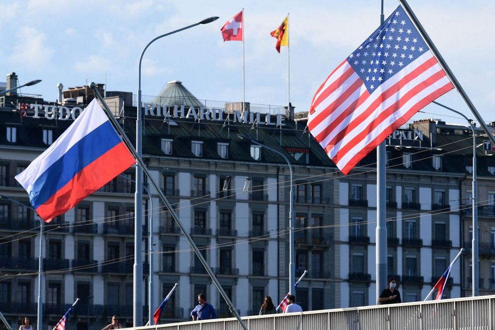 The US and Russian flags on the eve of the US - Russia summit in Geneva, Switzerland, on June 15, 2021.