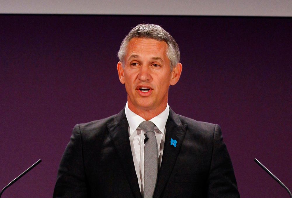 Former England soccer player Gary Lineker speaks, at Wembley Stadium in London, the United Kingdom.