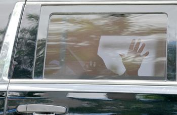 Former U.S. president Donald Trump in the backseat of a car on his way to court in Florida, the United States.