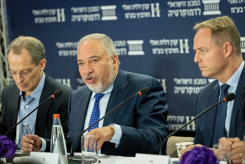 Yonatan Sindel/Flash90 Finance Minister Avigdor Liberman at a conference hosted by the Israel Democracy Institute in Jerusalem on June 29, 2021.