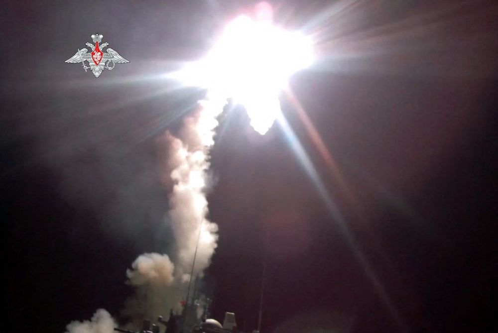 This handout video grab released by the Russian Defense Ministry shows the launch of a new Zircon hypersonic cruise missile from the the Admiral Gorshkov warship at a target in the Barents Sea, on November 29, 2021.