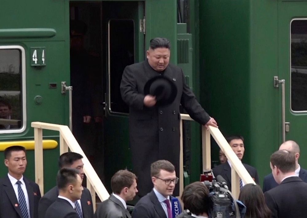 In this image from video released by Primorsky Regional Administration Press Service, North Korean leader Kim Jong Un gets off a train upon arrival at Khasan train station in Primorye region, Russia, Wednesday, April 24, 2019.
