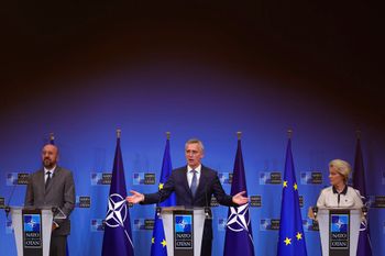 NATO Secretary General Jens Stoltenberg (C), European Council President Charles Michel (L), and European Commission President Ursula von der Leyen in Brussels, Belgium, on January 10, 2023.