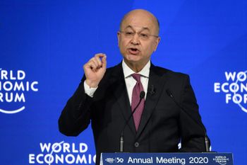 Iraqi President Barham Saleh delivers a speech at the World Economic Forum (WEF) annual meeting in Davos, on January 22, 2020.