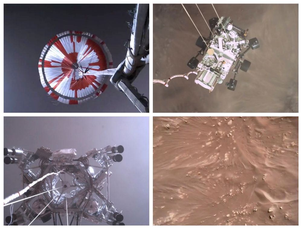 Cette combinaison d'images d'une vidéo mise à disposition par la NASA montre les étapes de la descente du rover Perseverance à l'approche de la surface de la planète Mars le 18 février 2021