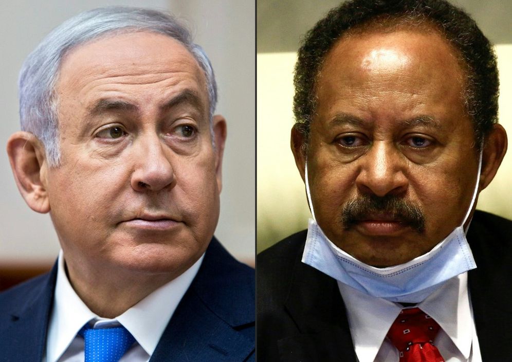 Israel's Prime Minister Benjamin Netanyahu (left) during a cabinet meeting in Jerusalem on July 29, 2018, and Sudan's Prime Minister Abdullah Hamduk during a meeting in the capital Khartoum on July 26, 2020.