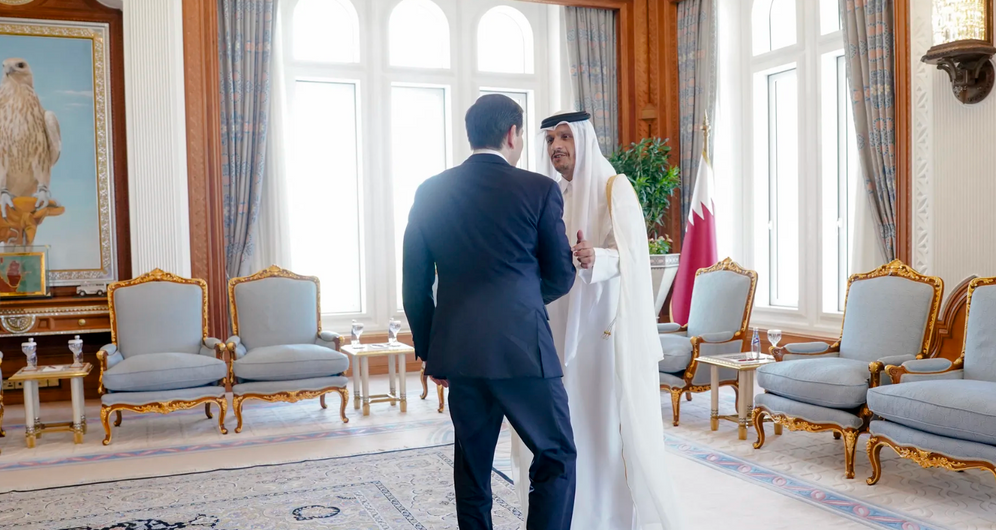 The Prime Minister of Qatar, Mohammed bin Abdulrahman bin Jassim al-Thani, welcomes U.S. Secretary of State Marco Rubio to Doha on September 16, 2025.
