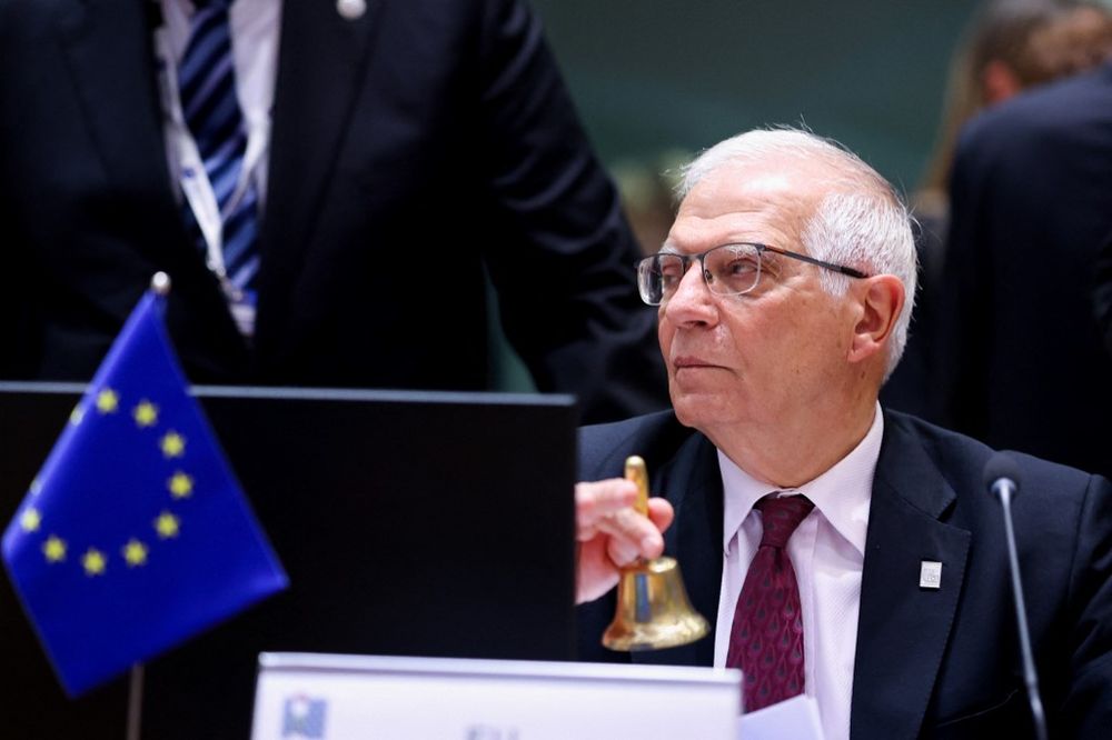 EU foreign policy chief Josep Borrell rings the bell at the start of the fifth international donor conference for Syria at the European Council in Brussels, Belgium, on May 10, 2022.