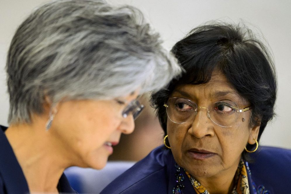 Navi Pillay (R) at an emergency session of the United Nations Human Rights Council on the Gaza crisis in Geneva, Switzerland, on July 23, 2014.