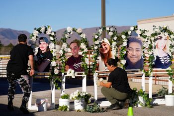 A memorial with photographs of the five victims of a mass shooting in Colorado Springs, Colorado, United States.