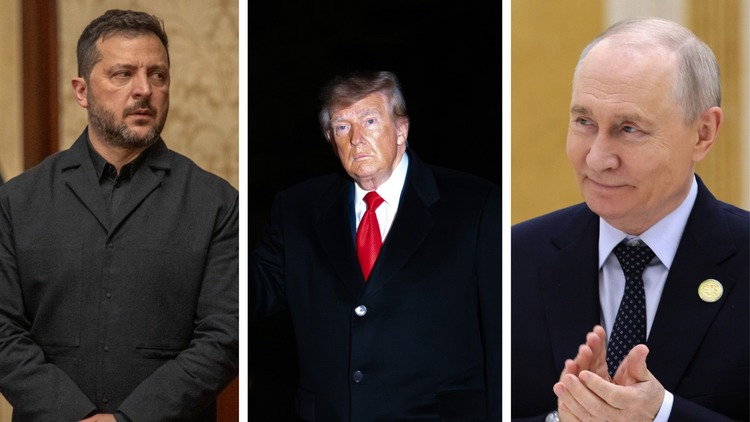 (Left to Right) Ukrainian President Volodymyr Zelensky, US President Donald Trump, Russian President Vladimir Putin