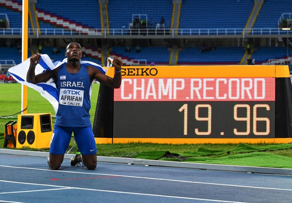 Israeli runner Blessing Afrifah after winning the men's 200m at the Under-20 World Athletics Championships in Cali, Colombia, on August 4, 2022.