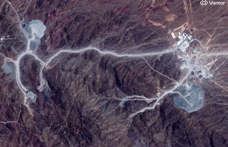Still satelllite image of closer view of tunnel entrances at Pickaxe Mountain in Iran