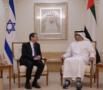 Israeli President Isaac Herzog (L) is received by Minister of Foreign Affairs and International Cooperation of the United Arab Emirates, Sheikh Abdullah bin Zayed Al Nahyan, in Abu Dhabi, UAE, on December 5, 2022.