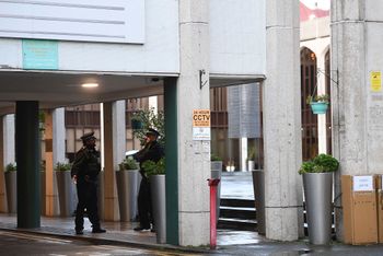 Police outside London Central Mosque in Regent's Park, where police have arrested a man on suspicion of attempted murder, in London, Thursday, Feb. 20, 2020