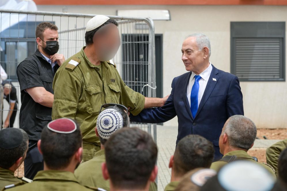 GPO Benjamin Netanyahu during a meeting with reserve officers participating in combat officer training at Kibbutz Migdal Oz, in Gush Etzion
