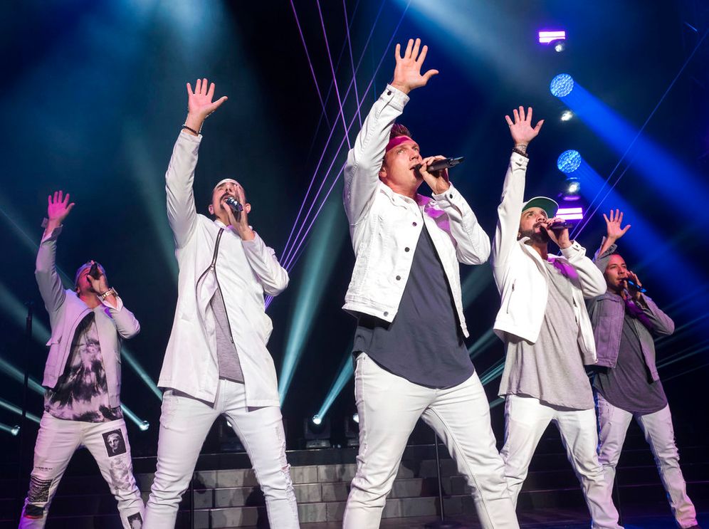 Backstreet Boys members (L-R) Brian Littrell, Kevin Richardson, Nick Carter, AJ McLean, and Howie Dorough perform in New York, United States.