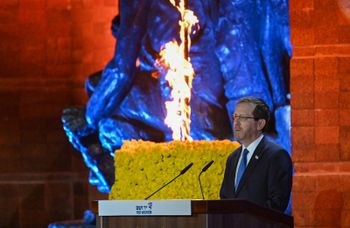 Israel's President Isaac Herzog speaks at the Yad Vashem Holocaust Memorial Museum in Jerusalem, as Israel marks annual Holocaust Remembrance Day.