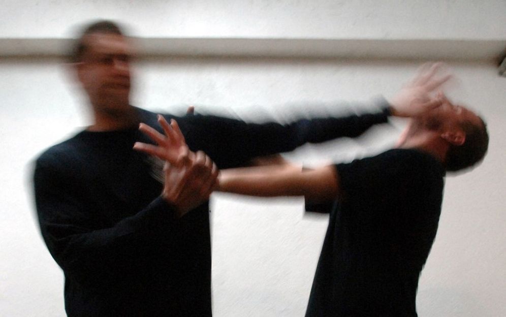 Two wrestlers train in the Israeli self-defense method Krav Maga.