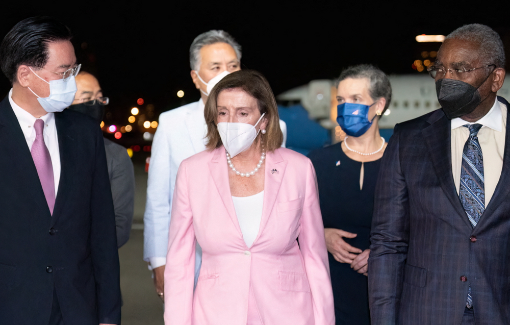 This photo taken and released by the Taiwanese Ministry of Foreign Affairs on August 2, 2022 shows Nancy Pelosi being greeted upon arrival in Taipei, Taiwan.