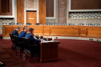 From l-r., Chairman of the Joint Chiefs of Staff Air Force Gen. Danial Caine, Secretary of Defense Pete Hegseth, and acting undersecretary of defense during the Senate Armed Services Committee hearing on the Department of Defense budget, on Capitol Hill, in Washington, Thursday, April 30, 2026