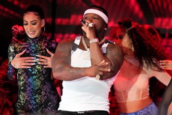 50 Cent performs during halftime of the NFL Super Bowl 56 football game between the Los Angeles Rams and the Cincinnati Bengals, February 13, 2022, in Inglewood, California.
