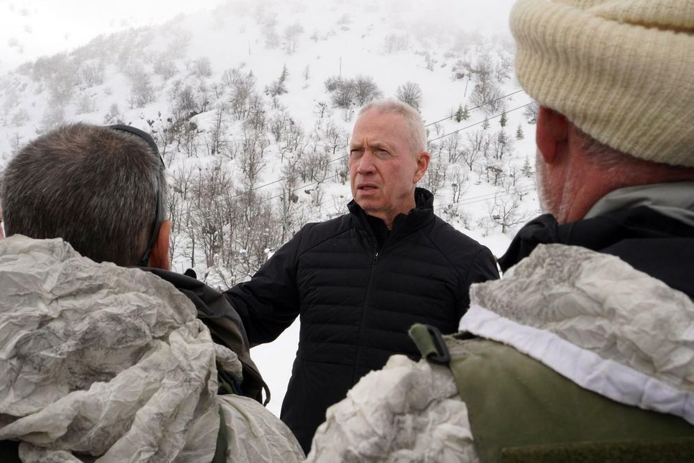 Israeli Defense Minister Yoav Gallant speaking before troops in northern Israel