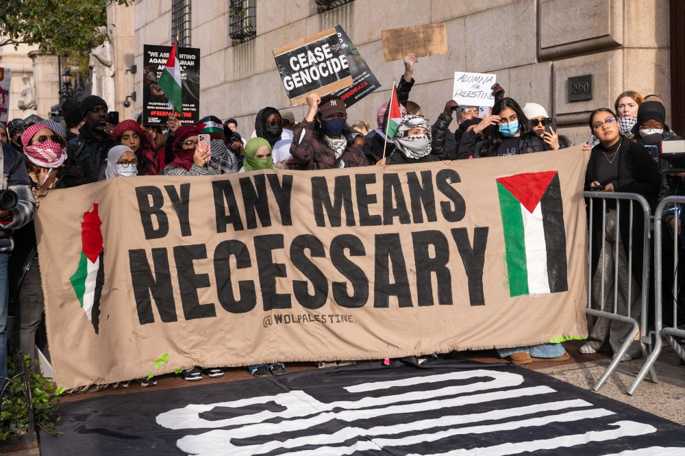Pro-Palestinian students protesting outside the Columbia University campus on November 15, 2023 in New York City.