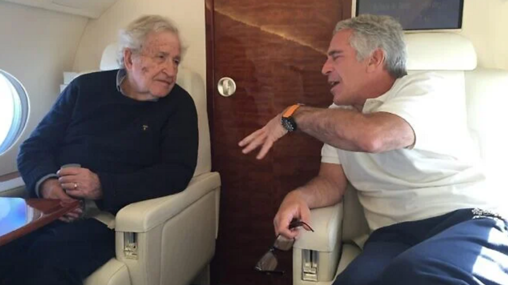 Late financier Jeffrey Epstein, right, speaks with linguist and left-wing activist Noam Chomsky aboard Epstein’s private jet.