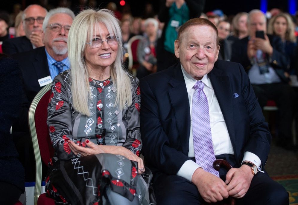 The late chairman and CEO of Las Vegas Sands Corp., Sheldon Adelson and his wife Miriam arrive before a speech by then US president Donald Trump in 2019 in Las Vegas.