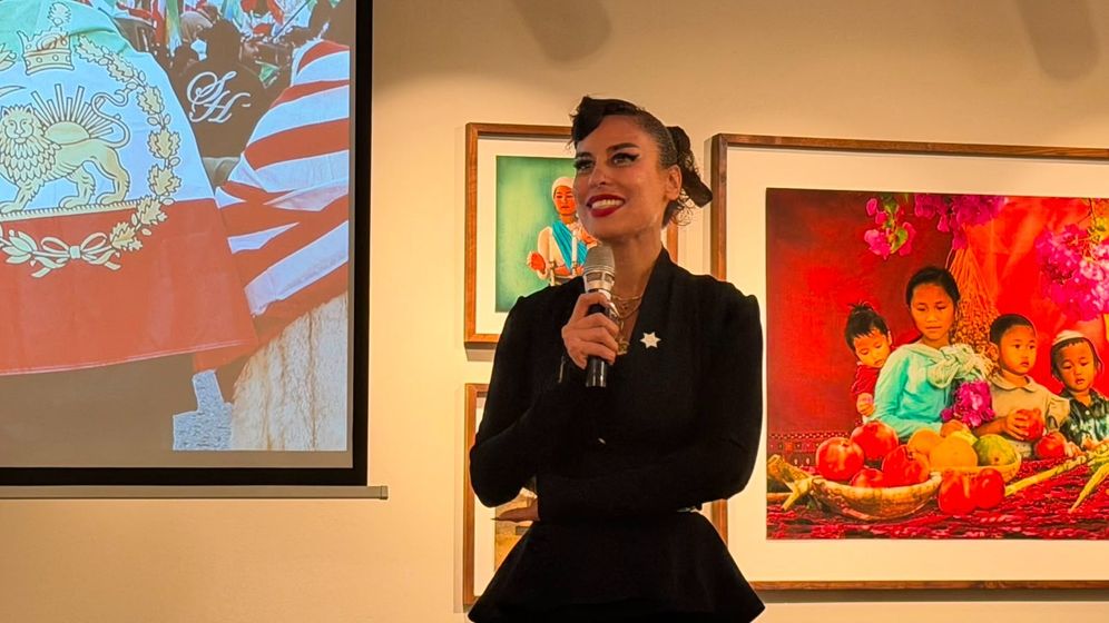 (Photo: Yulia Pobegailova/i24NEWS) Iranian activist Lily Moo speaks during an Iranian opposition delegation’s visit to Tel Aviv, August 12, 2026.