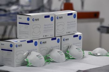 View of N95 face masks at a factory that produces 40,000 N95 masks per day, in Mexico City on May 21, 2020.