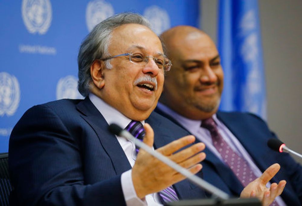 Saudi Arabia United Nations Ambassador Abdallah Al-Mouallimi (L) and Yemen UN Ambassador Khaled Hussein Al-Yamani hold a press conference at the UN headquarters in New York, United States, on November 13, 2017.