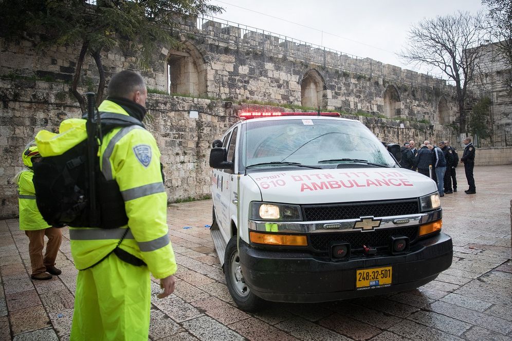 Police and medical personnel at the scene of an attempted stabbing attack at the Lions Gate in Jerusalems Old City on February 22, 2020.