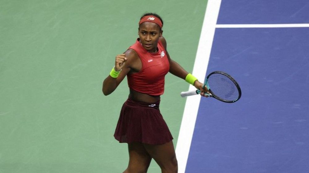 Coco Gauff of the United States celebrates a point against Aryna Sabalenka of Belarus in their Women's Singles Final match in New York City, New York.