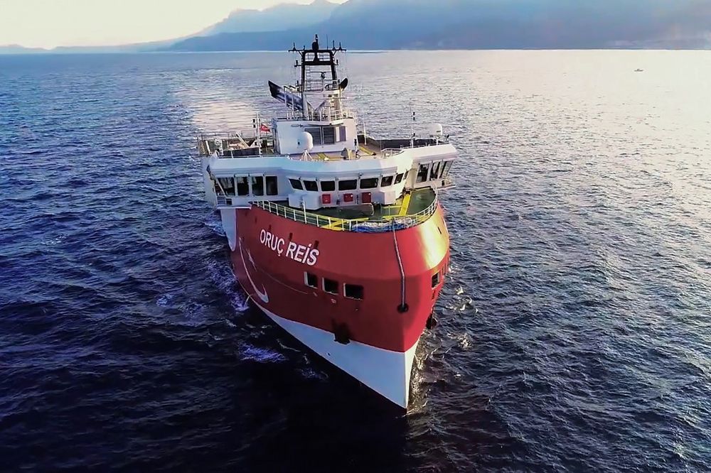Turkish seismic research vessel 'Oruc Reis' heading in the west of Antalya on the Mediterranean Sea, image released on August 12, 2020.