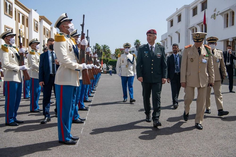 Israel's army Chief of Staff Aviv Kochavi (C) arriving at the Royal Moroccan Armed Forces in Rabat, Morocco, on July 19, 2022.