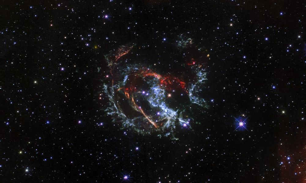 A Hubble image of an expanding, gaseous corpse — a supernova remnant — known as 1E 0102.2-7219, January 15, 2021.