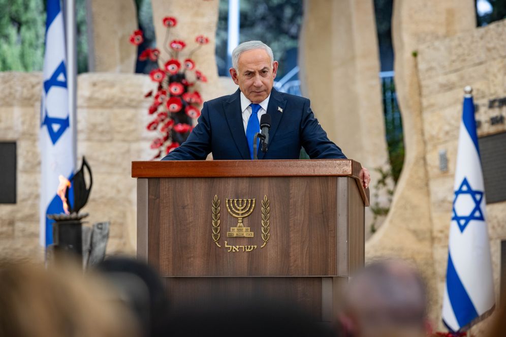 Photo by Olivier Fitoussi/POOL Israeli Prime Minister Benjamin Netanyahu speaks during a state memorial ceremony for civilians murdered in the October 7 Massacre, marking three years since the Hamas attack, at Mount Herzl in Jerusalem, October 5, 2026.
