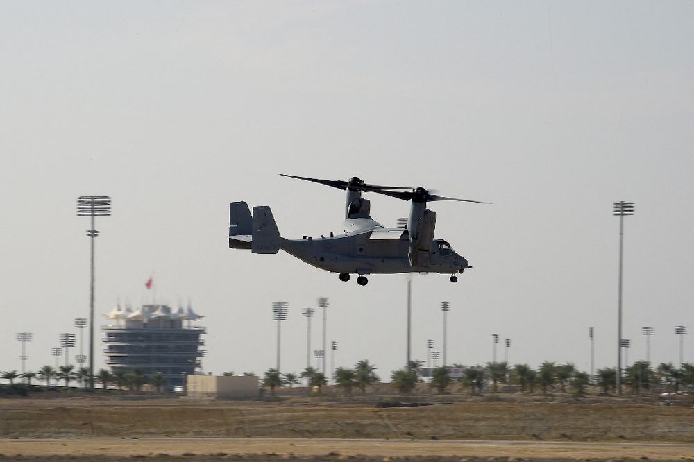 A U.S. Marine Corps Bell Boeing V-22 Osprey tiltrotor military aircraft performs air maneuvers at the Sakhir Airbase, south of the Bahraini capital Manama.