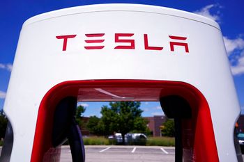 A Tesla Supercharger is seen in a parking lot in Illinois, the United States.