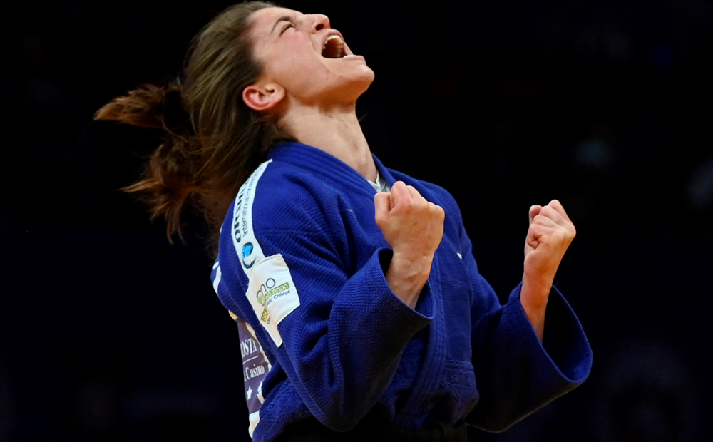 Israel's Timna Nelson Levy celebrates after defeating France's Sarah Leonie Cysique in the European Judo Championships 2022 in Sofia, Bulgaria on April 29, 2022.