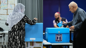 AP Palestinian citizen of Israel (L) voting in Israel's election in Maghar. Man (R) casting his ballot at a polling station in Jerusalem