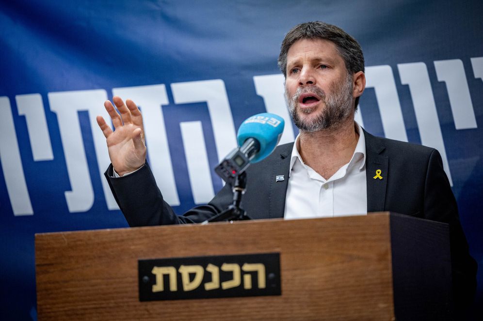 Finance Minister Bezalel Smotrich at a faction meeting in the Knesset, Israel's parliament
